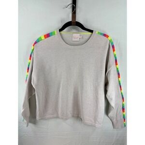 Whisper by Brodie Grey Rainbow Stripe Sleeve Cotton Silk Blend Sweater Womens S